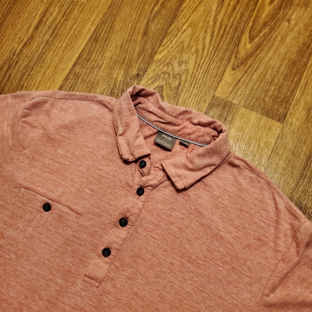 PING Golf Polo Shirt Men Medium Melon Red‎ Logo Sensor Cool Bluegrass Golf Club